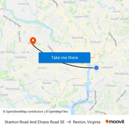 Stanton Road And Elvans Road SE to Reston, Virginia map