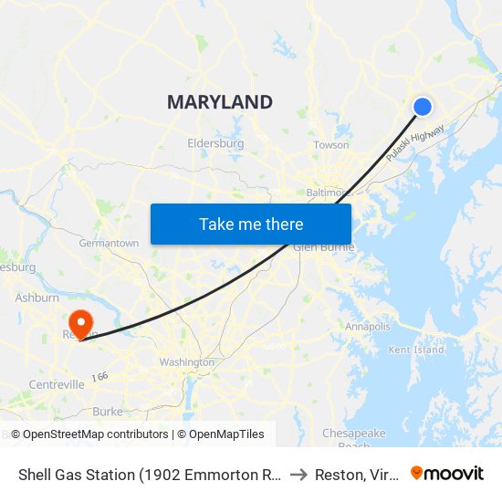 Shell Gas Station (1902 Emmorton Rd/Rt 924) to Reston, Virginia map