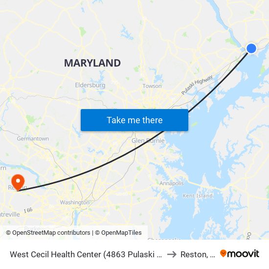 West Cecil Health Center (4863 Pulaski Hwy/Us 40 at Roundabout) to Reston, Virginia map