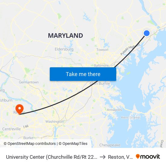 University Center (Churchville Rd/Rt 22 & Technology Dr) to Reston, Virginia map