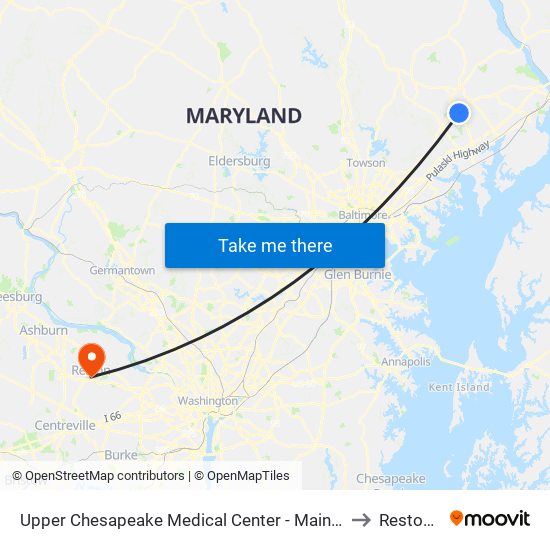 Upper Chesapeake Medical Center - Main Entrance (500 Upper Chesapeake Dr) to Reston, Virginia map