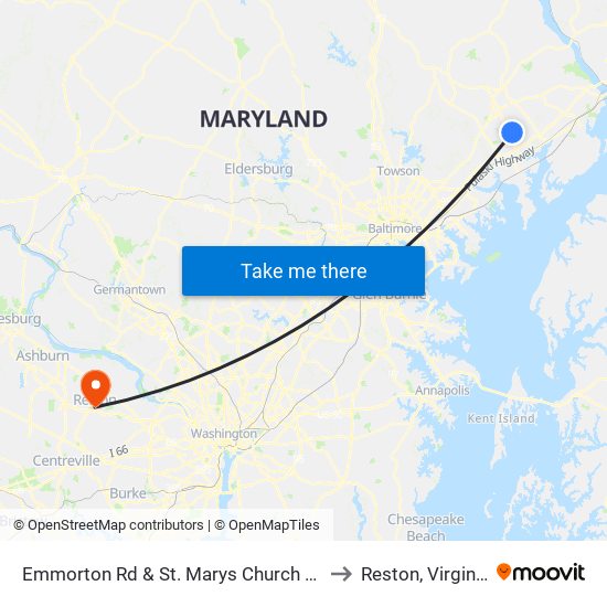 Emmorton Rd & St. Marys Church Rd to Reston, Virginia map