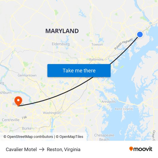 Cavalier Motel to Reston, Virginia map