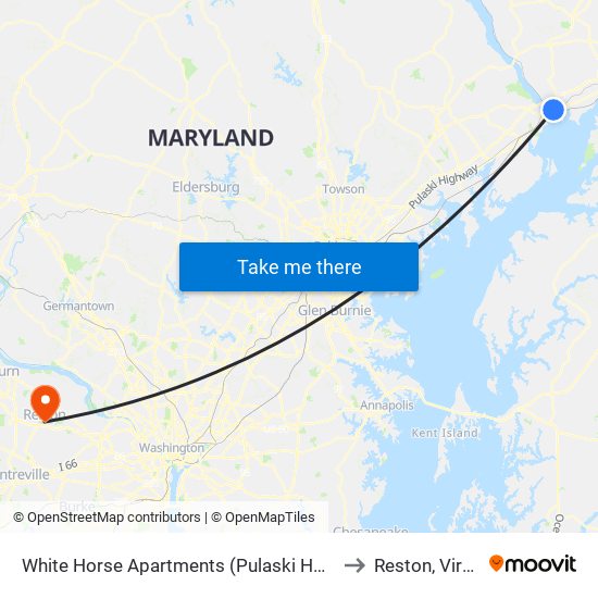 White Horse Apartments  (Pulaski Hwy/Us 40) to Reston, Virginia map