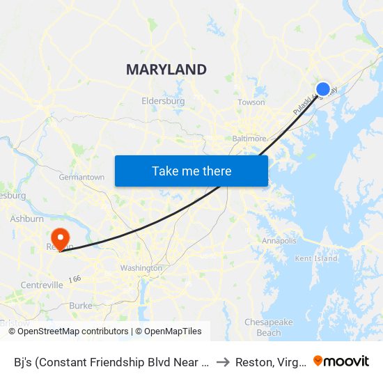 Bj's (Constant Friendship Blvd Near Circle) to Reston, Virginia map