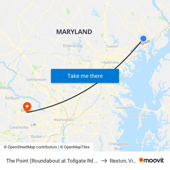 The Point (Roundabout at Tollgate Rd & Westover Ln) to Reston, Virginia map