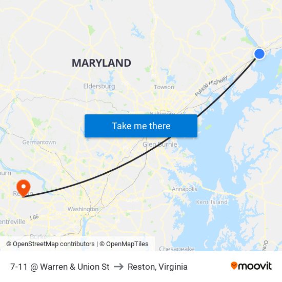7-11 @ Warren & Union St to Reston, Virginia map