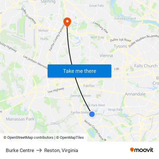 Burke Centre to Reston, Virginia map