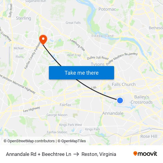 Annandale Rd + Beechtree Ln to Reston, Virginia map