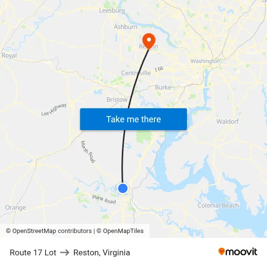 Route 17 Lot to Reston, Virginia map