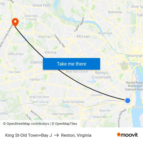 King St-Old Town+Bay J to Reston, Virginia map