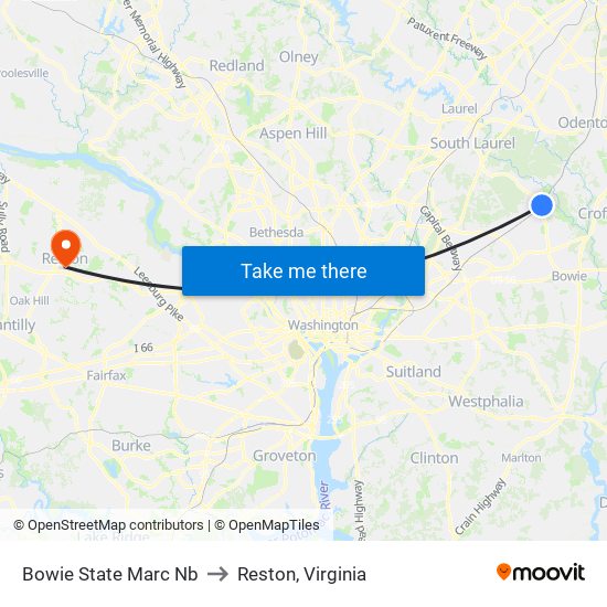 Bowie State Marc Nb to Reston, Virginia map