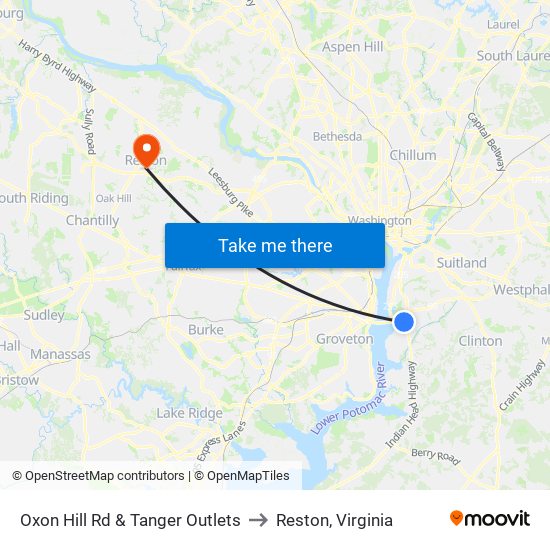 Oxon Hill Rd & Tanger Outlets to Reston, Virginia map