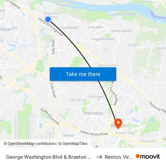 George Washington Blvd & Braeton Bay Terrace to Reston, Virginia map