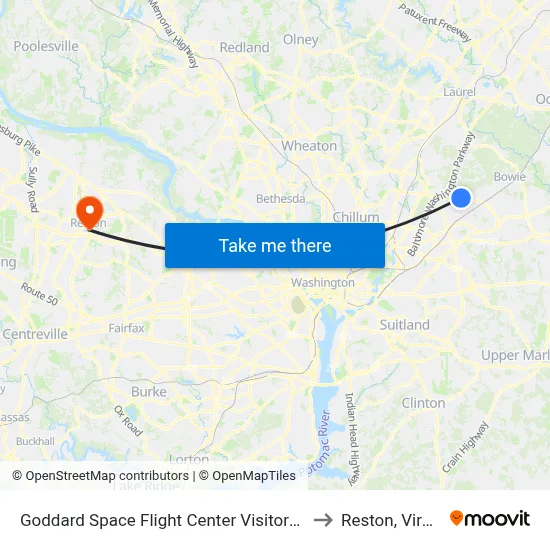 Goddard Space Flight Center Visitors Center to Reston, Virginia map