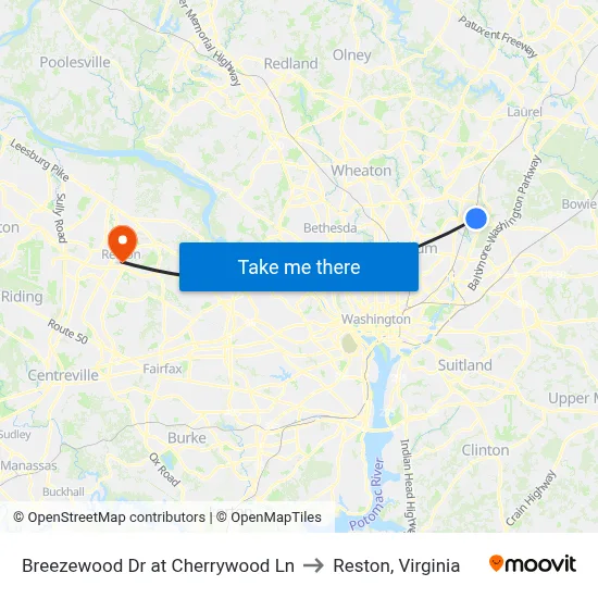 Breezewood Dr at Cherrywood Ln to Reston, Virginia map