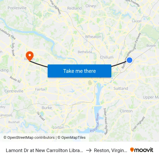 Lamont Dr at New Carrollton Library to Reston, Virginia map