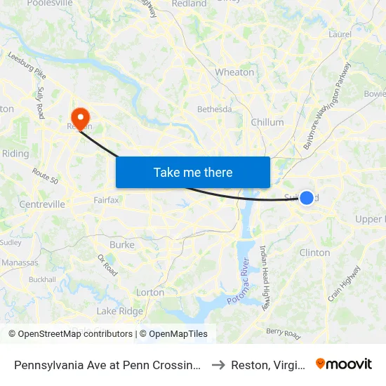 Pennsylvania Ave at Penn Crossing Dr to Reston, Virginia map