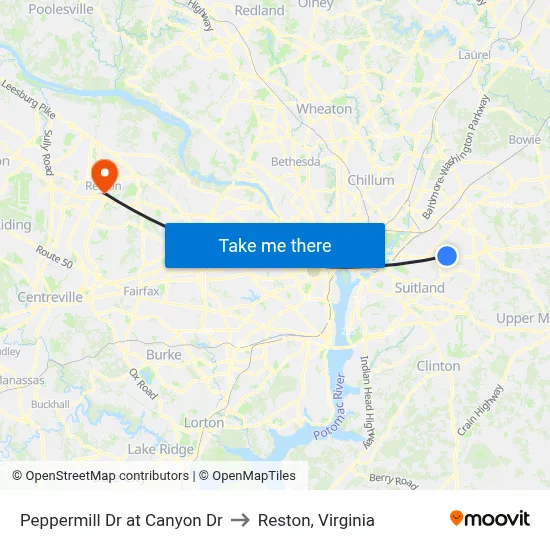 Peppermill Dr at Canyon Dr to Reston, Virginia map