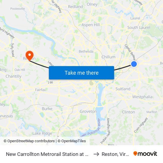 New Carrollton Metrorail Station at Bus Bay F to Reston, Virginia map