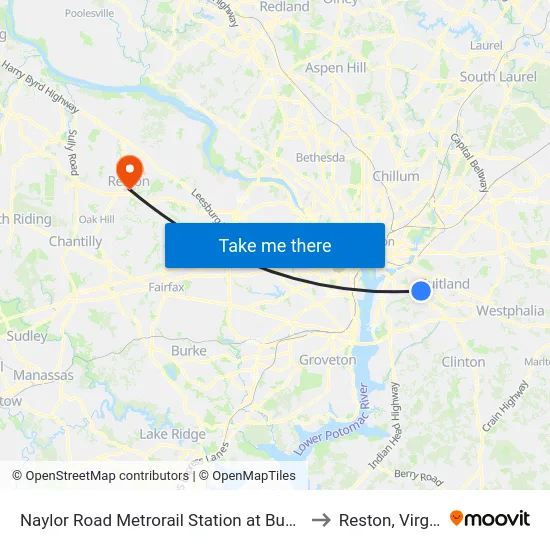 Naylor Road Metrorail Station at Bus Bay H to Reston, Virginia map