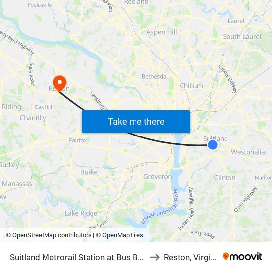 Suitland Metrorail Station at Bus Bay D to Reston, Virginia map