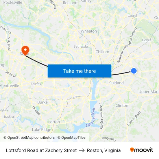 Lottsford Road at Zachery Street to Reston, Virginia map