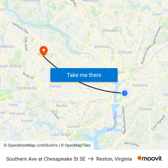 Southern Ave at Chesapeake St SE to Reston, Virginia map