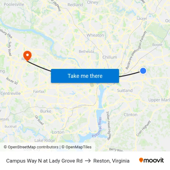 Campus Way N at Lady Grove Rd to Reston, Virginia map