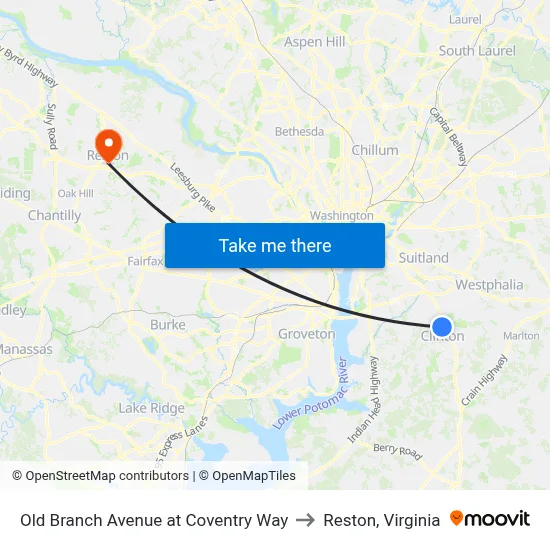 Old Branch Avenue at Coventry Way to Reston, Virginia map