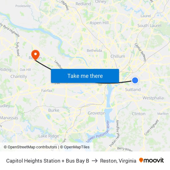 Capitol Heights Station + Bus Bay B to Reston, Virginia map