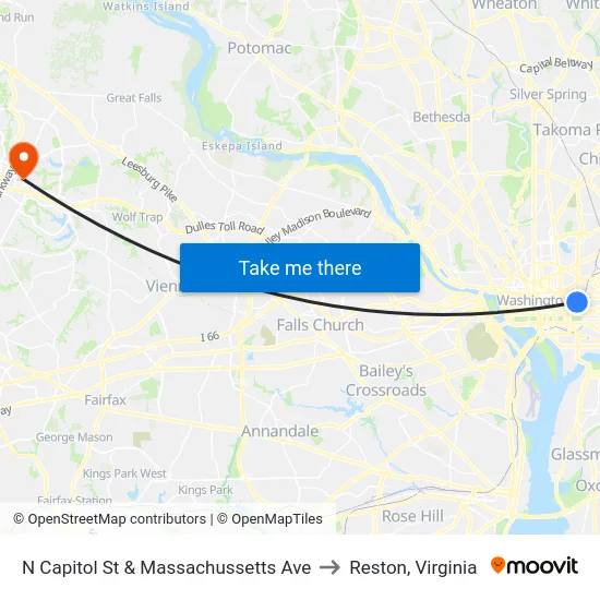 N Capitol St & Massachussetts Ave to Reston, Virginia map