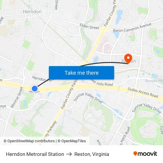Herndon Metrorail Station to Reston, Virginia map