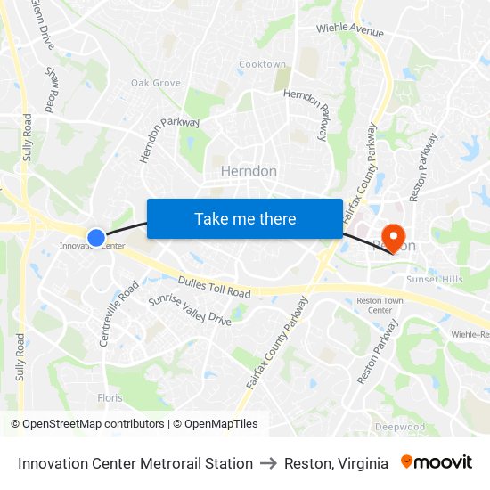 Innovation Center Metrorail Station to Reston, Virginia map