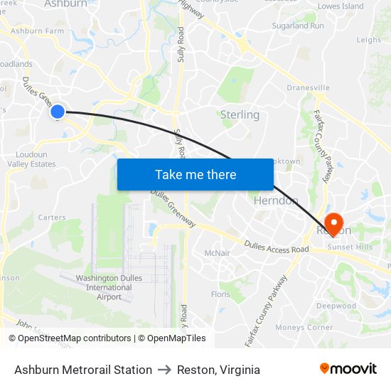 Ashburn Metrorail Station to Reston, Virginia map
