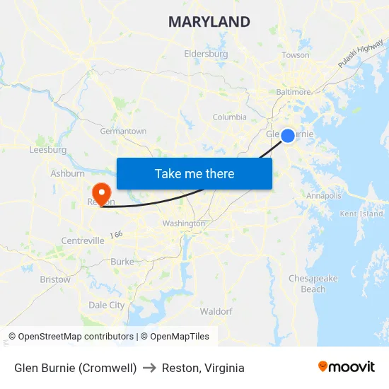 Glen Burnie (Cromwell) to Reston, Virginia map