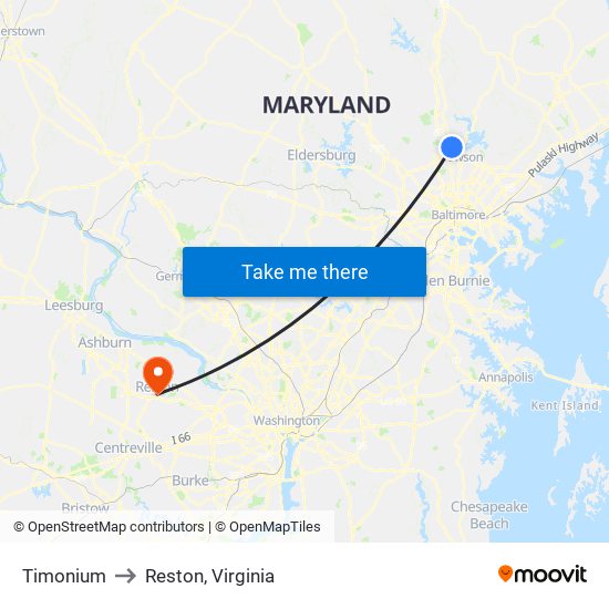 Timonium to Reston, Virginia map