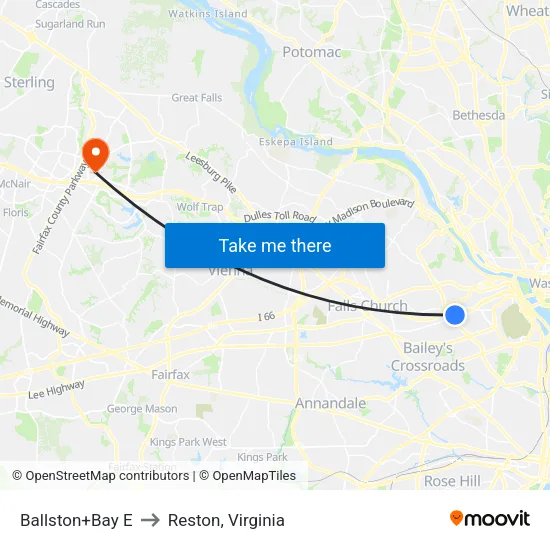 Ballston+Bay E to Reston, Virginia map