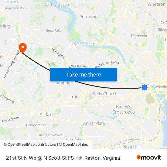 21st St N Wb @ N Scott St FS to Reston, Virginia map