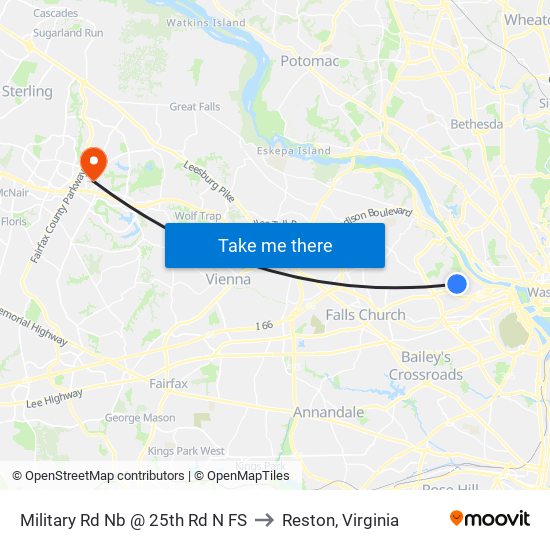 Military Rd Nb @ 25th Rd N FS to Reston, Virginia map