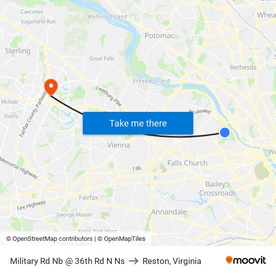 Military Rd Nb @ 36th Rd N Ns to Reston, Virginia map