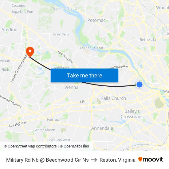 Military Rd Nb @ Beechwood Cir Ns to Reston, Virginia map