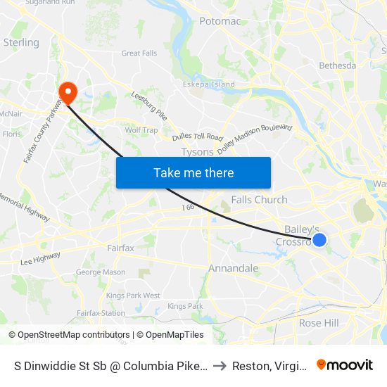 S Dinwiddie St Sb @ Columbia Pike Ns to Reston, Virginia map