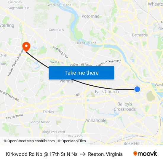 Kirkwood Rd Nb @ 17th St N Ns to Reston, Virginia map