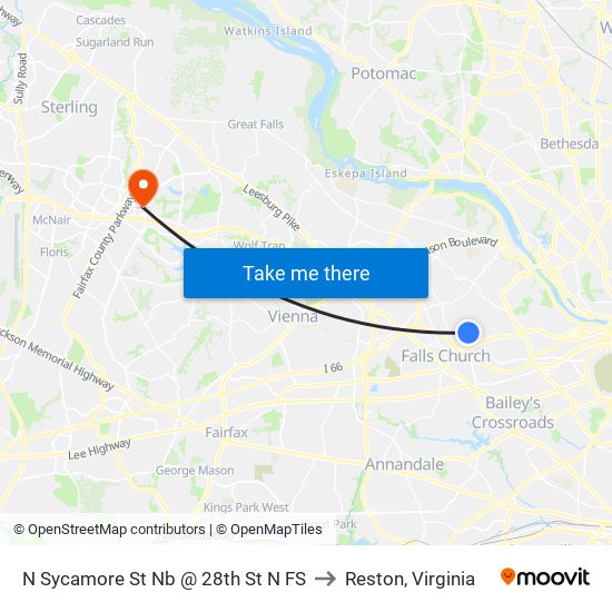 N Sycamore St Nb @ 28th St N FS to Reston, Virginia map