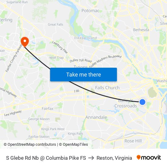 S Glebe Rd Nb @ Columbia Pike FS to Reston, Virginia map