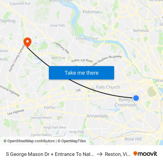 S George Mason Dr + Entrance To National Guard Ce to Reston, Virginia map