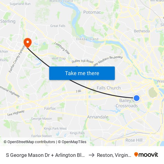 S George Mason Dr + Arlington Blvd to Reston, Virginia map