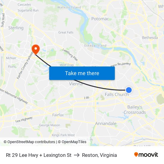 Rt 29 Lee Hwy + Lexington St to Reston, Virginia map