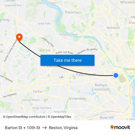 Barton St + 10th St to Reston, Virginia map